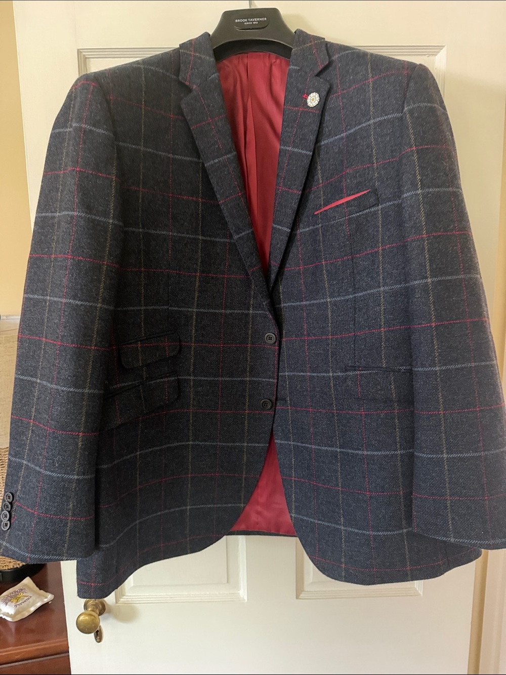 Men's Navy Windowpane Blazer with Red Accents